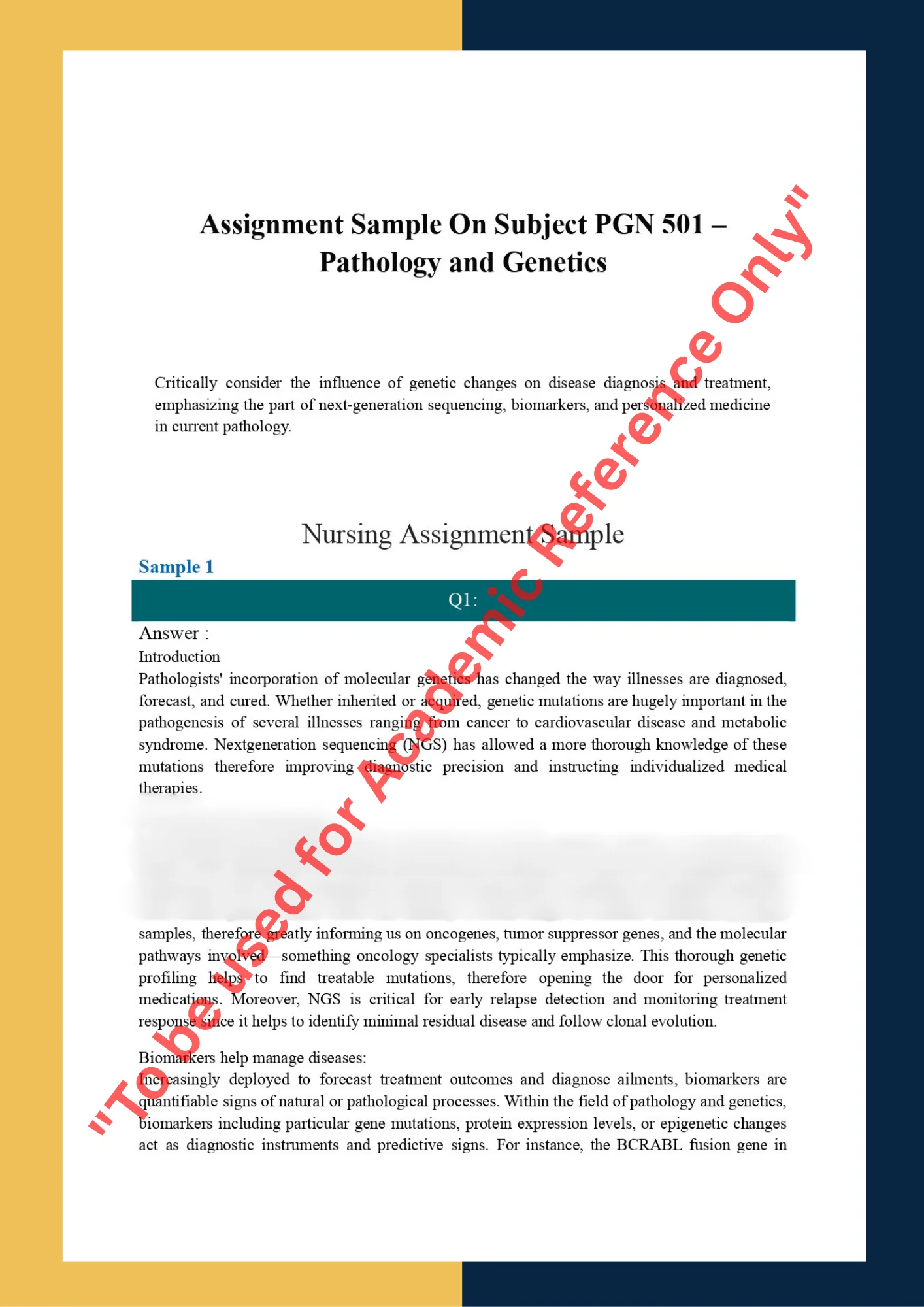 Assignment Sample On Subject PGN 501 – Pathology and Genetics 0